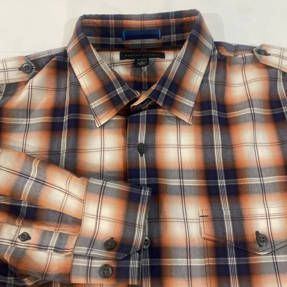 Banana Republic Mens Orange Navy Plaid Epaulette Button Down Shirt Large L